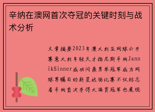 辛纳在澳网首次夺冠的关键时刻与战术分析