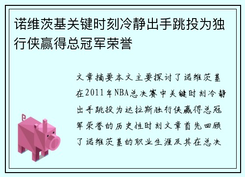 诺维茨基关键时刻冷静出手跳投为独行侠赢得总冠军荣誉