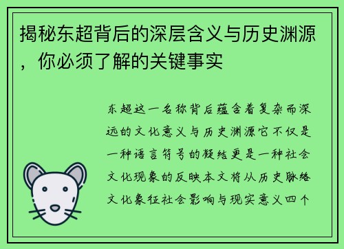 揭秘东超背后的深层含义与历史渊源，你必须了解的关键事实